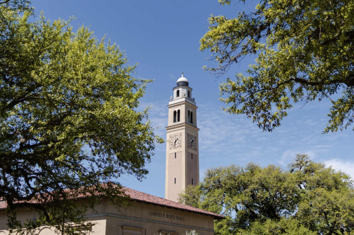 LSU’s Memorial Tower on Monday, March 20, 2023, on Tower Drive in Baton Rouge. (Matthew Perschall for Louisiana Illuminator)